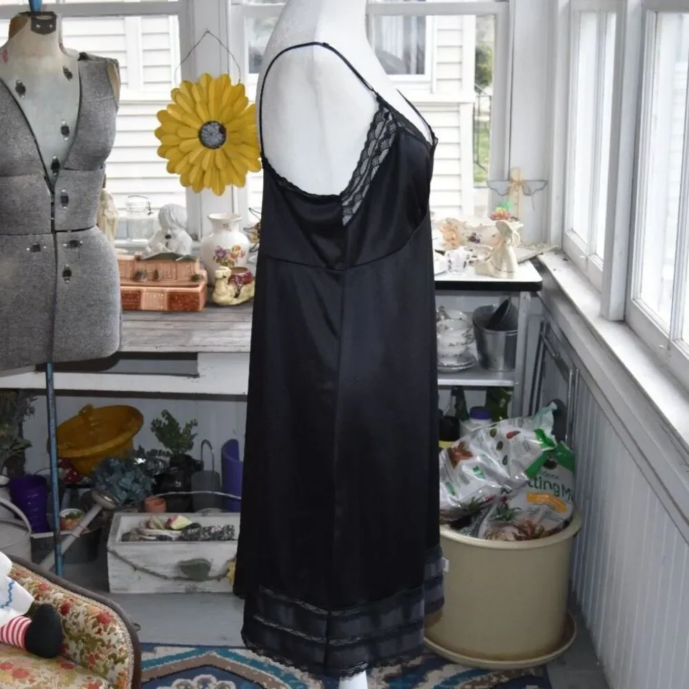 Vintage 80s Black Nylon Tricot Full Slip Lace Trim USA Sliperfection 40